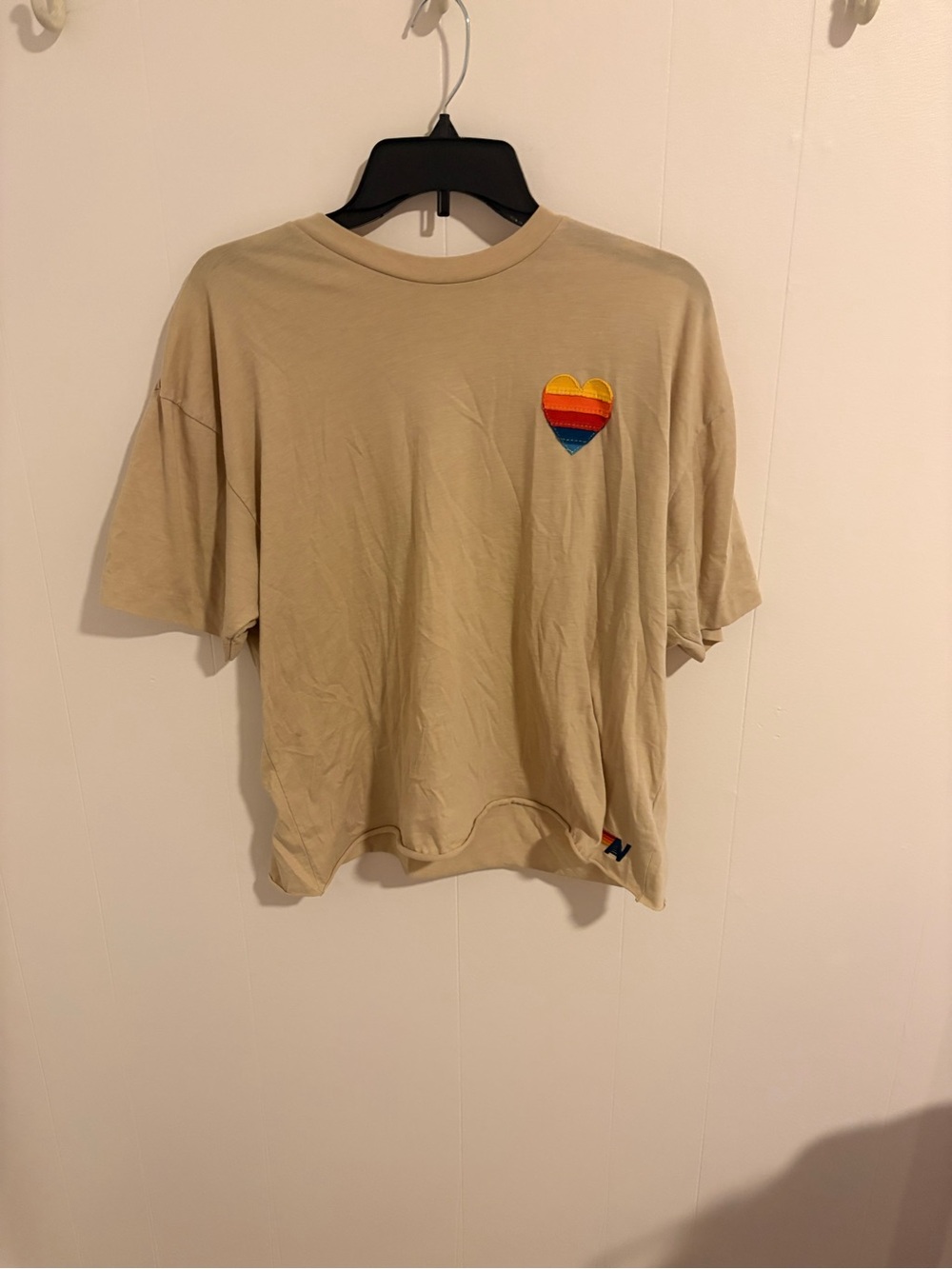 Aviator Nation Beige Short Sleeve Crewneck Tee with Rainbow Heart Patch